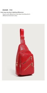 Detail of red pebbled leather chest bag with three golden zip compartments and strap