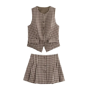 Donna Preppy Quadri Gilet Senza Maniche Con Bottoni E Minigonna A Pieghe Marrone Poliestere Stile Accademico