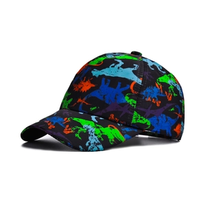 Detailed close-up of colorful dinosaur print on quick-dry black kids baseball hat
