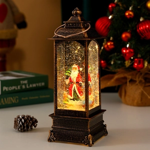 Close-up of vintage bronze Christmas lantern with Santa Claus and sparkling glitter