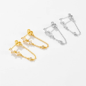 Elegant S925 silver long tassel earrings with sparkling cubic zirconia in gold and silver