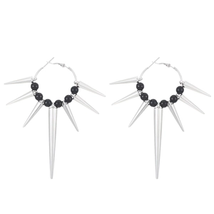 Gothic punk hoop earrings with silver spikes and black beads on white background