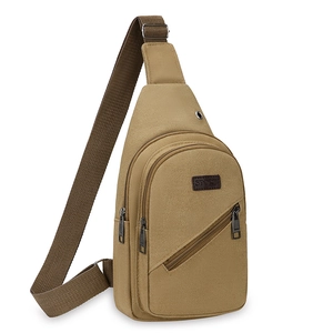 Minimalist khaki canvas crossbody bag with adjustable strap and front zipper pocket