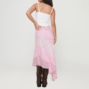 Jupe midi patchwork à pois rose et blanc avec ourlet irrégulier et motif floral