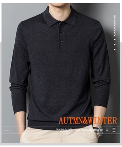 Detail of dark grey knit polo sweater featuring a three-button placket and classic collar