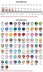 Size chart for colorful flatback nail rhinestones from SS3 to SS50 with color palette