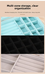 Detailed interior of velvet jewelry box featuring ring slots and squares in three colors