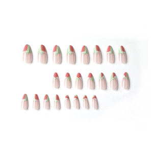 24pcs almond press-on nails with modern orange, green and white geometric patterns