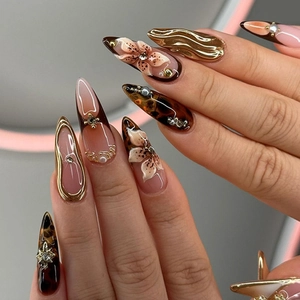 3D Relief Flower Press On Nails Almond Shape Glossy False Nails With Bowknot Rhinestone Artificial Pearl Stiletto Fake Nails For Women Party Manicure