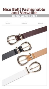 Detail of four cowhide leather belts with elegant golden horseshoe buckles in various colors