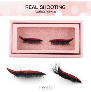 Macro shot of YY-11 false eyelashes with red glitter eyeliner effect and pink box
