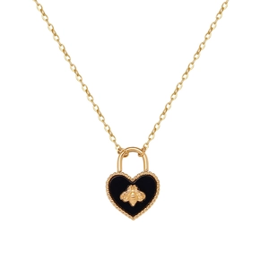 Gold plated heart pendant necklace with black enamel and bee relief on a white background