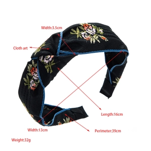 Serre-tête à nœud ethnique avec broderie florale sur tissu noir et dimensions du produit
