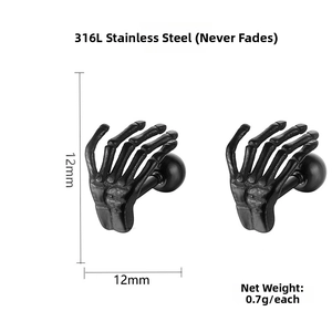Detail showing 12mm black 316L stainless steel skeleton hand stud earrings specs