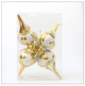 Vier goldene und weiße Glitzer-Weihnachtsschmuckanhänger in einer PVC-Box