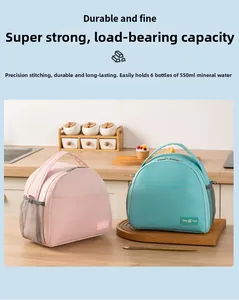 Detail of durable semi-circular insulated lunch bags with reinforced handles and side pockets