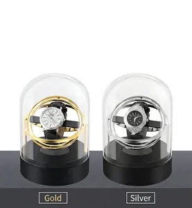 Single watch winder for automatic watches with transparent dome and gold metallic finish