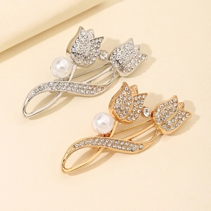 Tulip Flower Brooch Alloy Rhinestone Faux Artificial Pearl Elegant Vintage Suit Lapel Pin Fashion Jewelry For Women