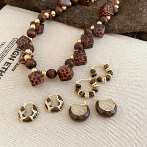 Retro Necklace And Earrings Acrylic Wood Bead Leopard Print Tiger Eye Stone 925 Sterling Silver Earring Post For Women