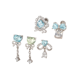 Five-piece silver bow and heart stud set with light blue zircon stones and drop pendants
