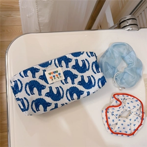 Detailed set of blue cat pattern pencil case with floral scrunchies and pearl accessory