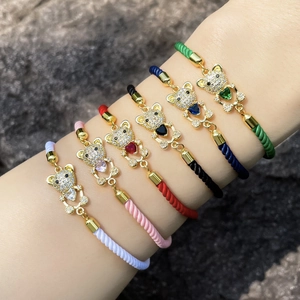 Cute Teddy Bear Heart Bracelet Gold Plated Copper Colorful Adjustable Woven Cotton Rope Handmade Jewelry For Women Girls