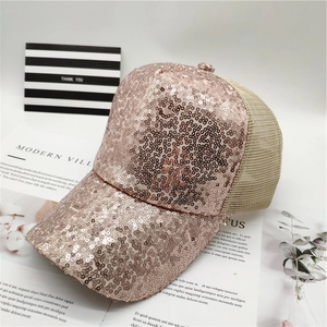 Rose gold sequined baseball cap with breathable mesh back in a stylish 45-degree view
