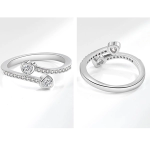 Detailed views of a silver heart-shaped ring featuring sparkling zircon diamond accents