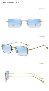 Three views of rimless square sunglasses with gold temples and blue gradient lenses