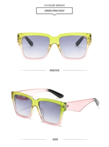 Detail of square oversized sunglasses with green to pink gradient frame and grey lenses