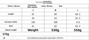 Detailed size chart showing measurements for brown fleece jacket with pocket