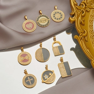 Hip hop gold stainless steel pendants with enamel and rhinestones on silk