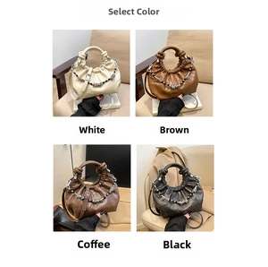 Collage of four pleated cloud bags in white, brown, coffee, and black with beaded chain
