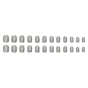 Short round silver glitter press-on nails set with 24 pieces on white background