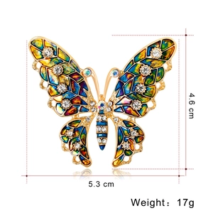 Elegant gold butterfly brooch with colorful enamel wings and crystal rhinestones 4.6x5.3cm