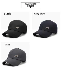 Three colors of men's casual baseball caps: black, navy, and grey with 3D embroidery