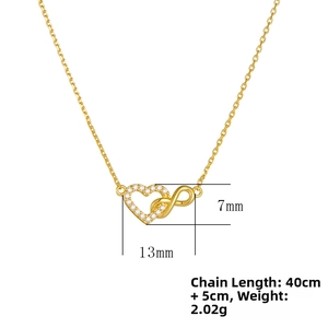 Detail view of gold infinity heart necklace with dimensions 13mm by 7mm and 40cm chain