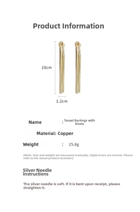 Detailed specs of 10cm gold knotted tassel earrings made of copper with s925 silver needles