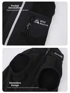 Detail of black fleece dog vest showing zipper pocket and Outside embroidery