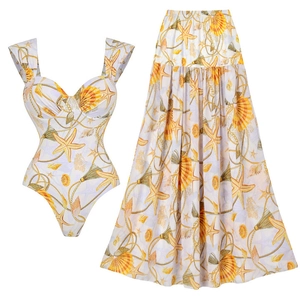 Women's V-neck swimsuit and matching maxi skirt set with orange starfish ocean print