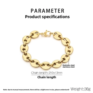 Detailed specifications of a 13mm gold stainless steel coffee bean link chain bracelet