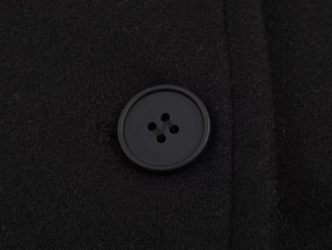 Macro detail of matte black four-hole buttons on high-quality wool coat fabric