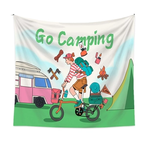 Détail d'une tapisserie de camping avec illustration de cycliste et texte Go Camping