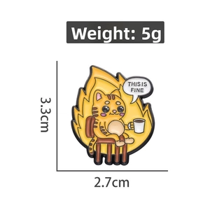 Cartoon enamel pin of a cat in fire with dimensions and weight measurements shown