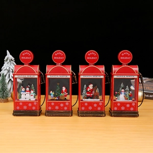Set of four vintage gas station snow globe lanterns with Christmas Santa and snowman scenes