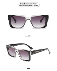 Square sunglasses with transparent black frames and gradient grey lenses, front and side views