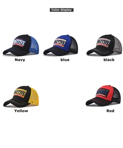 Detailed view of color options for 3D embroidery trucker hats with mesh back panels