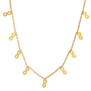 Detail shot of golden infinity charm necklace with multiple small pendants on thin chain