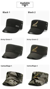 Collage of cadet hats showing colors like army green, black, and camouflage with embroidery