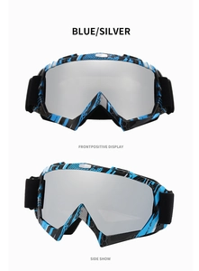 Front and side view of blue and silver anti-fog ski goggles with graffiti frame